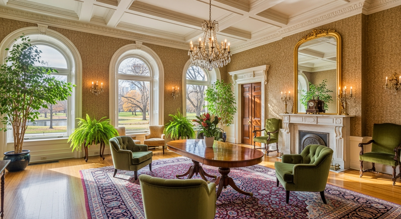 Elegant historic Denver mansion interior with refined classic furnishings and tall windows